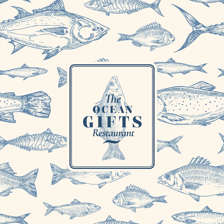 Vector hand getekend vector naadloze patroon. vis pakketkaart of omslagsjabloon met zeebaars oceaan geschenken embleem. haring, ansjovis, tonijn, dorado, zeebaars en zalm achtergrond.