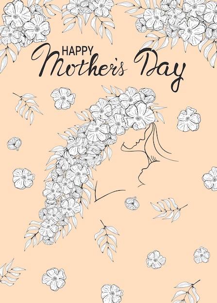 Hand getekend vector silhouet van het gezicht van de vrouw, haar met bloemen, baby in zeer fijne tekeningen. moeder houdt haar pasgeboren baby vast en kijkt naar hem. belettering happy mother's day. moederschap kaart illustratie