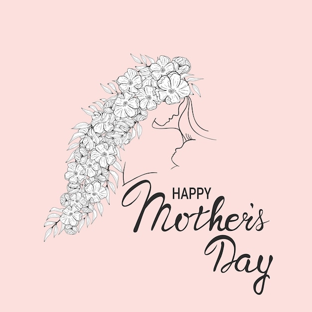 Hand getekend vector silhouet van het gezicht van de vrouw, haar met bloemen, baby in zeer fijne tekeningen. Moeder houdt haar pasgeboren baby vast en kijkt naar hem. Belettering Happy Mother's Day. Moederschap schets illustratie