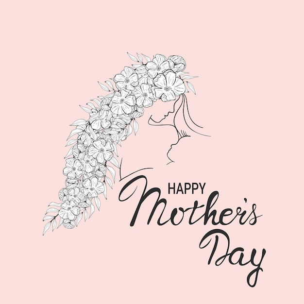 Hand getekend vector silhouet van het gezicht van de vrouw, haar met bloemen, baby in zeer fijne tekeningen. moeder houdt haar pasgeboren baby vast en kijkt naar hem. belettering happy mother's day. moederschap schets illustratie