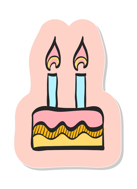 Hand getekend verjaardagstaart icoon in sticker stijl vector illustratie