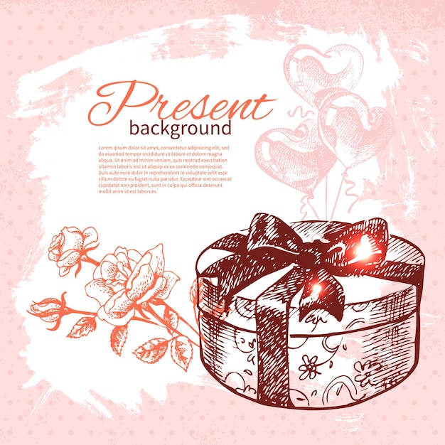 Hand getekend vintage huidige achtergrond met geschenkdoos. vectorillustratie met plonsontwerp