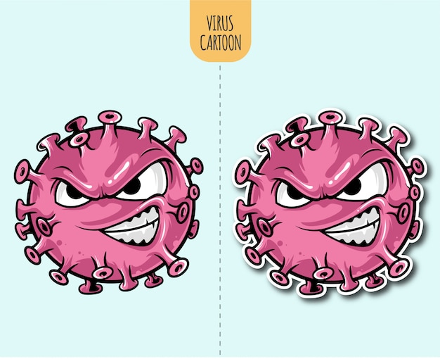 Hand getekend virus cartoon illustratie met sticker ontwerpoptie