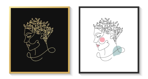 Hand getekend vrouwelijke schoonheid vrouw gezicht hoofd minimalistische bloemen lijn kunst portret