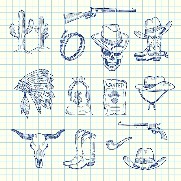 hand getekend wilde westen cowboy set