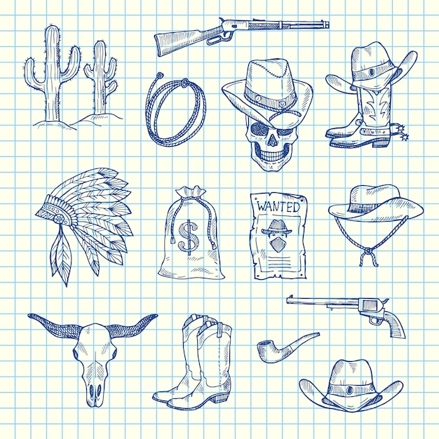 Vector hand getekend wilde westen cowboy set