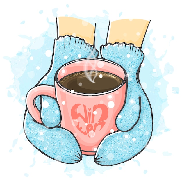 Vector hand getekend winter illustratie. handen in wanten houdt een kopje koffie.