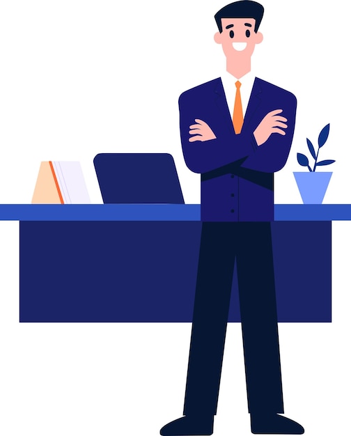 Vector hand getekend zakenman of kantoormedewerker karakter met laptop in vlakke stijl geïsoleerd op de achtergrond