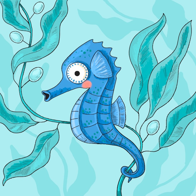 Hand getekend zeepaardje cartoon afbeelding