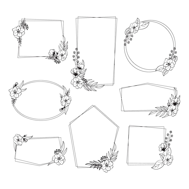 Hand getekend zwart-wit bloemen frame-collectie