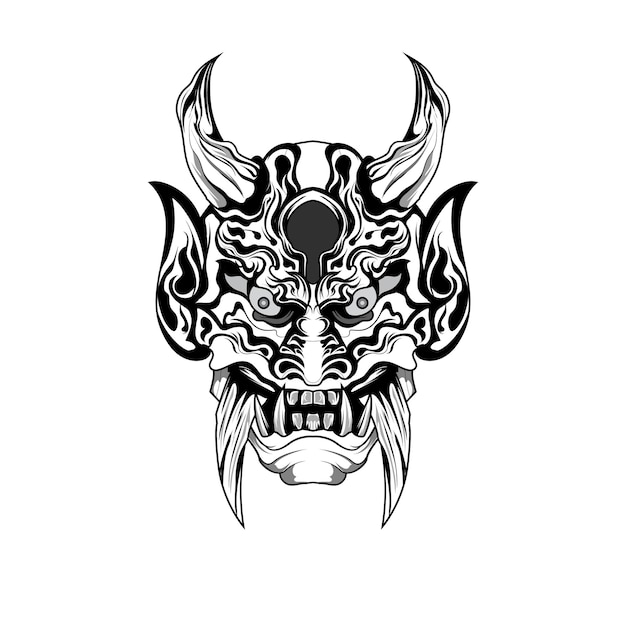 Hand getekend zwart-wit tatoeages illustraties duivel satan masker oni demon hoorn vector Illustration