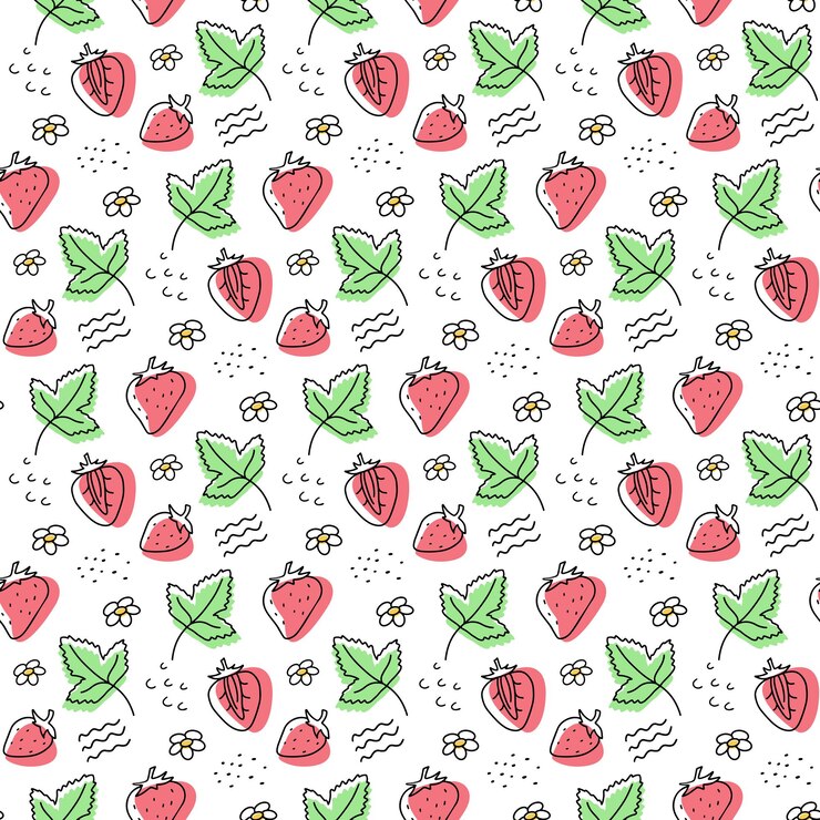 Hand getekende aardbei naadloze vector patroon. bessen, bladeren.