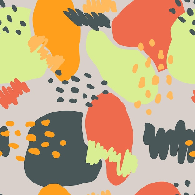Hand getekende abstract, Krabbel kleurrijke naadloze patroon. Leuke vector geel, rood, zwart, groen