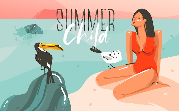 Hand getekende abstracte cartoon zomertijd grafische illustraties kunst sjabloon achtergrond met oceaan strand landschap, roze zonsondergang, toekan vogel en schoonheid meisje met zomer kind typografie offerte