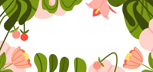 Hand getekende abstracte grafische clip art illustratie vector achtergrond banner van compositie met abstracte boho tuin natuur shapesblossom bloemen bladeren en bessen moderne botanische tuin ontwerp