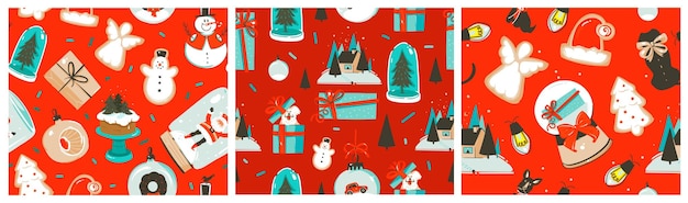 Hand getekende abstracte vectorafbeelding prettige kerstdagen en gelukkig Nieuwjaar cartoonillustrations naadloze patronen collectie set met Santa Clausgift box en kerstboom Kerst achtergrondontwerp