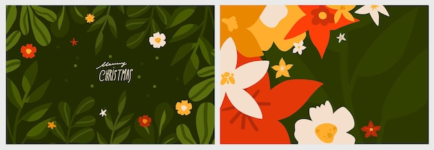 Hand getekende abstracte vectorafbeelding prettige kerstdagen en gelukkig Nieuwjaar clipart illustraties wenskaart met bloemen en bladerenMerry Christmas schattig bloemen kaart ontwerp backgroundWinter vakantie kunst