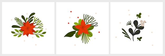 Hand getekende abstracte vectorafbeelding prettige kerstdagen en gelukkig Nieuwjaar clipart illustraties wenskaart set met bloemen en bladerenMerry Christmas schattig bloemdessin backgroundWinter vakantie kunst