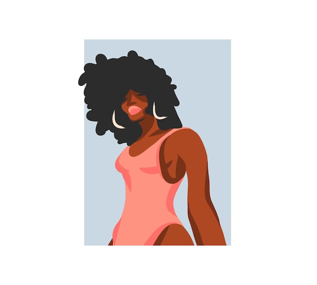 Vector hand getekende abstracte voorraad grafische vectorillustratie met jonge gelukkig, zomer strand boheemse zwarte afro amerikaanse schoonheid vrouwelijke karakter avatar voor sociale media geïsoleerd op witte achtergrond