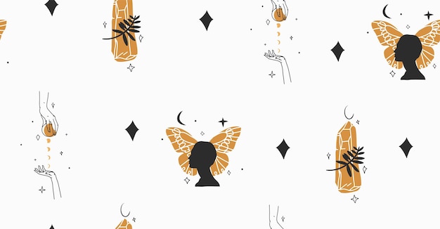 Hand getekende abstracte voorraad platte grafische vectorillustratie met logo element bohemien magische kunst naadloze patroon van vrouw handsgold vlindersterren en maan in eenvoudige stijl vrouwelijk astrologie ontwerp