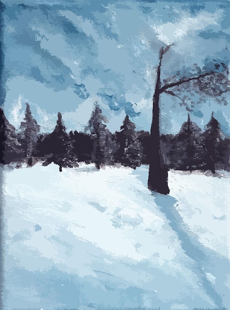 Hand getekende acryl schilderij van winterlandschap bos