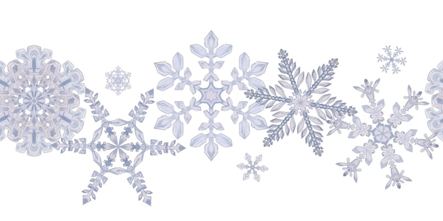 Hand getekende aquarel blauwe en zilveren sneeuwvlokken water ijskristallen bevroren in de winter illustratie geïsoleerde naadloze rand witte achtergrond ontwerp vakantie poster afdrukken website kaart uitnodiging