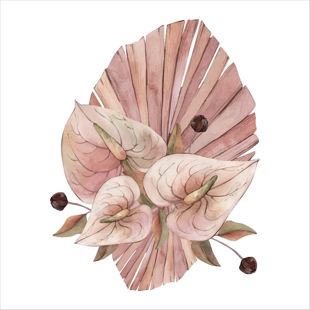 Hand getekende aquarel boho anthurium bloemen illustratie vintage bloemen en palmbladeren clipart