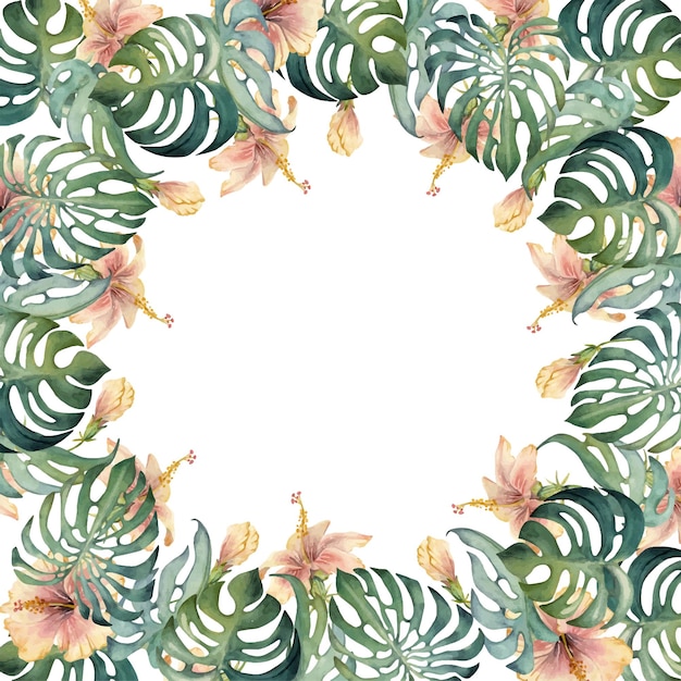Hand getekende aquarel exotische monstera bladeren en hibiscus bloemen cirkel krans frame geïsoleerd op witte achtergrond ontwerp kunst aan de muur bruiloft print stof omslagkaart toerisme reisboekje