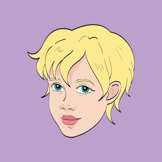 Hand getekende Avatar van een jonge vrouw blonde tiener meisje met kort kapsel Vector doodle illustratie