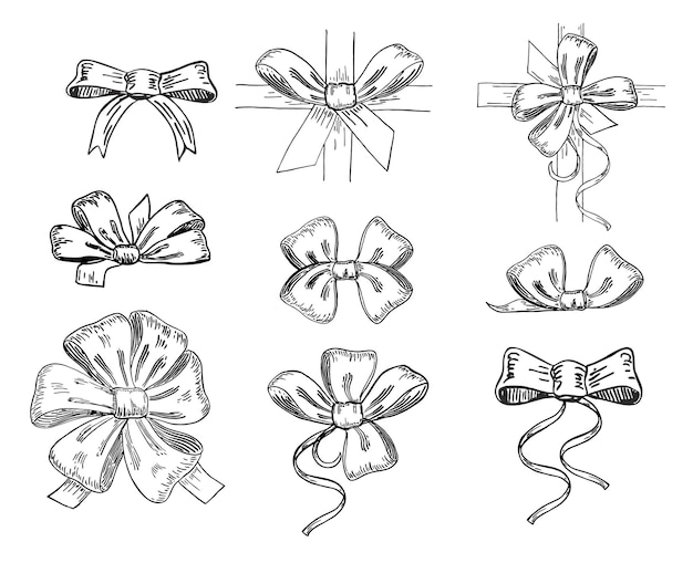 Hand getekende boog Decoratie strikken op dozen met geschenken Mode stropdas strikken accessoires schets doodles set