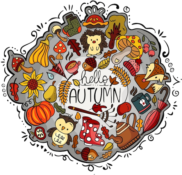 Hand getekende cartoon doodle van herfst kleurrijke ronde illustratie