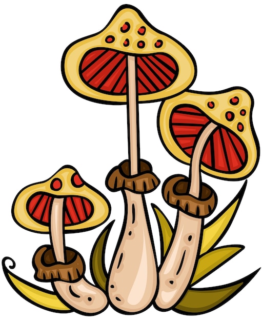 Vector hand getekende cartoon doodle van paddestoelen met bladeren