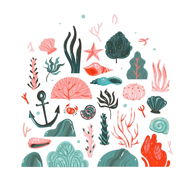 Hand getekende cartoon grafische zomertijd onderwater illustraties kunstcollectie set met koraalriffen, zeewier, zeester, krab, anker, stenen en zeeschelpen geïsoleerd