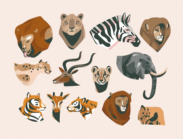 Hand getekende cartoon illustraties van safari afrikaanse dieren hoofden collectie bundel set, leeuwen, leeuwin, tijgers, cheetah, olifant, zebra, giraffe en anderen geïsoleerd