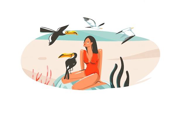 Hand getekende cartoon zomertijd grafische afbeelding met meisje, ontspannen op het strand scène en tropische vogels geïsoleerd