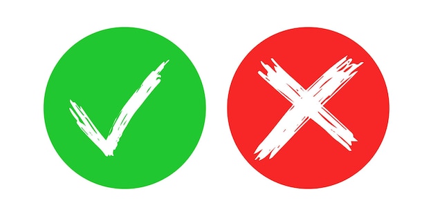 Hand getekende check en cross teken elementen geïsoleerd op een witte achtergrond. Grunge doodle vinkje OK in groene cirkel en X in rode cirkel pictogrammen. vector illustratie