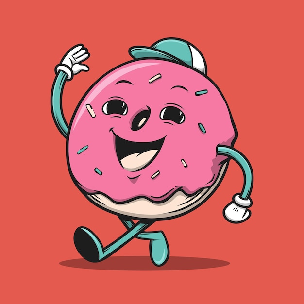 Hand getekende donut retro vintage bakkerij cartoon mascot logo afbeelding.