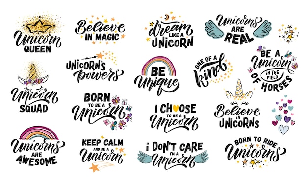 Hand getekende eenhoorn vectorillustratie met belettering typografie citaten Motiverende citaten