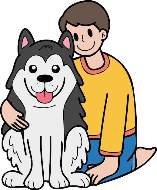 Hand getekende eigenaar knuffelt husky hond illustratie in doodle stijl