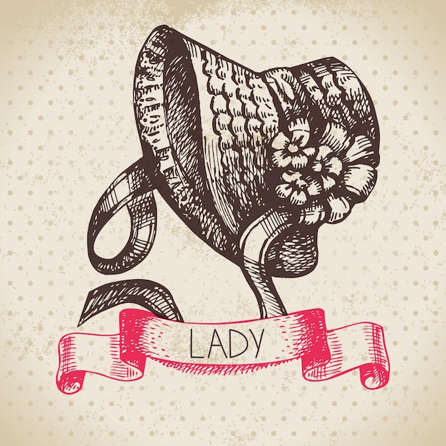 Hand getekende elegante vintage dames achtergrond schets vrouwen hoed retro mode vectorillustratie