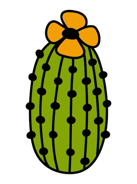 Hand getekende geïsoleerde groene cactus met bloem. vector doodle cactus sticker illustratie