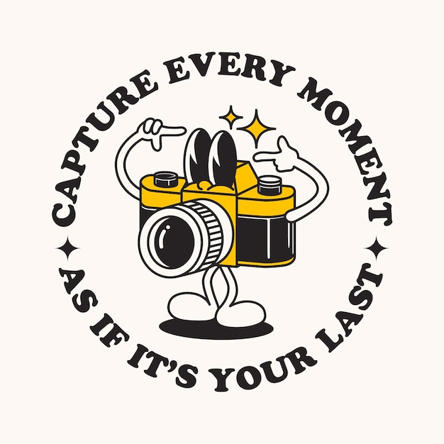 Hand getekende grappige platte trendy cartoon mascotte van analoge camera, fotografie logo vector