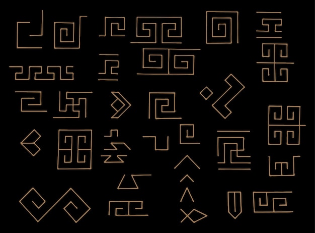 Hand getekende griekse motieven vector gouden symbolen ingesteld op zwarte achtergrond griekse key