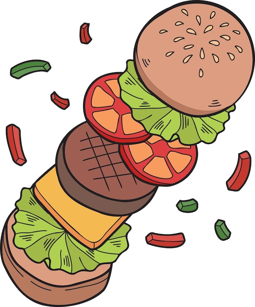 Hand getekende hamburger verspreid illustratie in doodle stijl