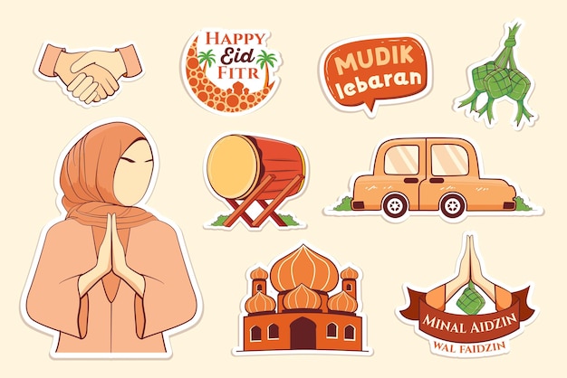 Hand getekende hijab meisje vergeeft hand en andere elementen sticker collectie voor eid fitr mubarak