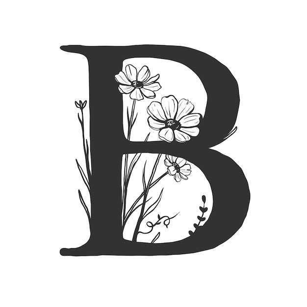 Vector hand getekende hoofdletter b met anemonen en madeliefjes. vector bloemenmonogram met anemoonbloemen