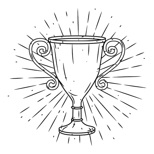 Vector hand getekende illustratie met een beker trofee en uiteenlopende stralen.