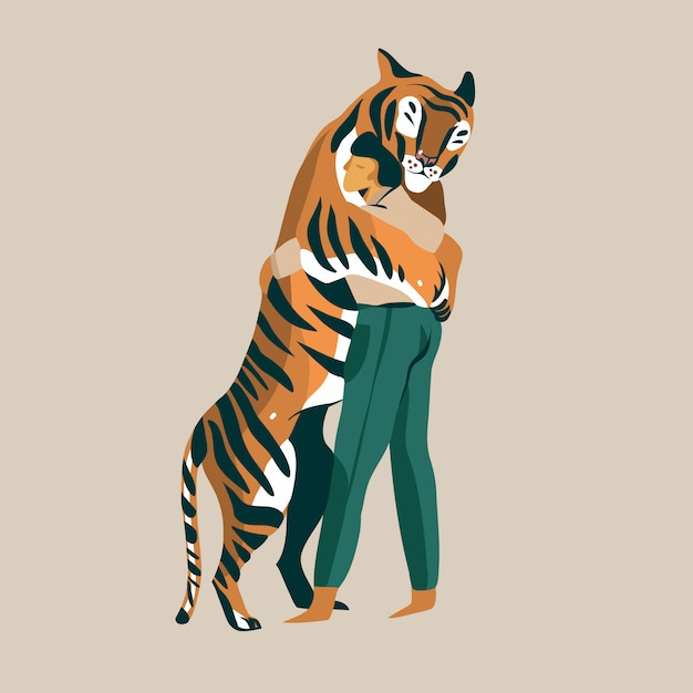 Vector hand getekende illustratie met een man tijger trainer zeer teder liefdevolle knuffels met een tijger geïsoleerd