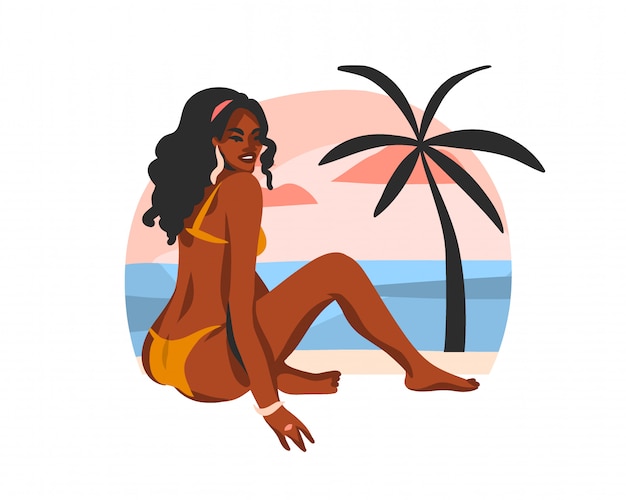 Hand getekende illustratie met jonge gelukkig zwarte afro schoonheid vrouw, in zwembroek op zonsondergang strand scène op witte achtergrond.