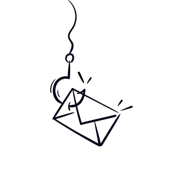 Hand getekende illustratie van aas haak gevangen op envelop mail Privacy data fraude schets pictogram doodle